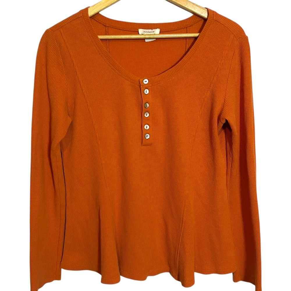 SUNDANCE Orange Waffle Thermal Long Sleeve Henley‎ Tee Layering Casual Medium